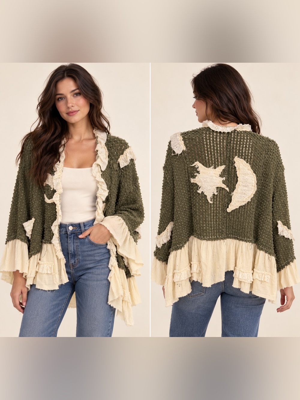 POL Olive Green Ruffle Open-Front Cardigan with Cream Trim